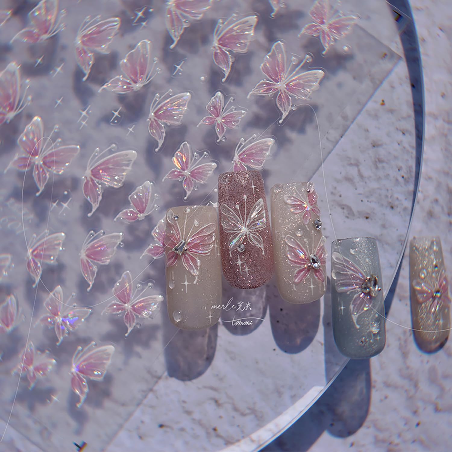 Butterfly Nail Stickers 5D Embossed Butterfly Nail Art Decals Pink Nail Art Stickers Aurora Design Self Adhesive Butterfly Nail Supplies Cute Nail