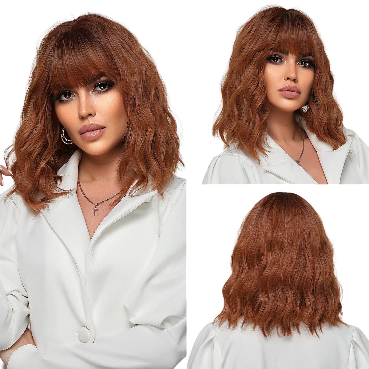 incohair Ombre Dark Orange Bob Wig - Short Curly Wavy Ginger Synthetic Hair for Cosplay, Parties, Wig Cap Included