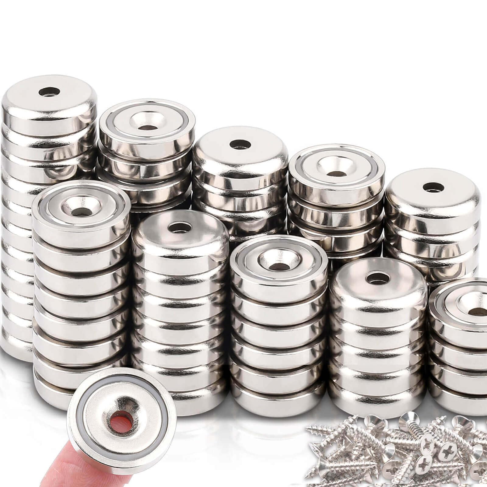 60pcs Magnets with Holes, 12Kg+ Pulling 0.79" Strong Neodymium Magnets with Screws, Muti-Use Waterproof Round Base Cup Magnet Heavy Duty, Magnet s Countersunk Holes for Crafts Kitchen Wood Hanging — image 1