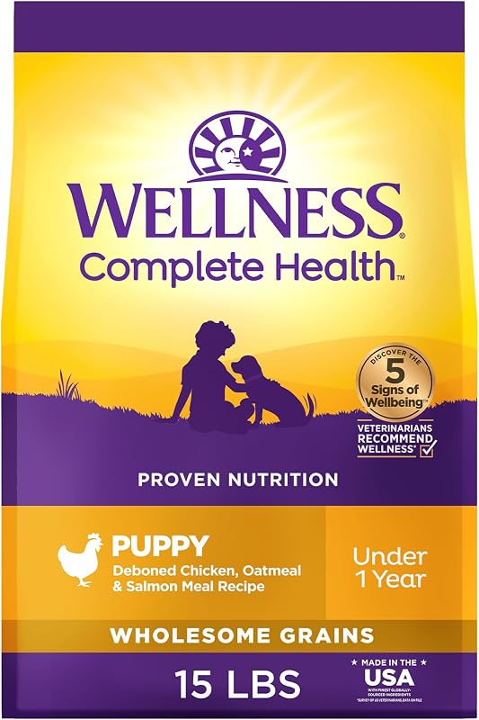Wellness Complete Health Puppy Alimento seco para perros, croquetas de granos saludables, receta natural, pollo, avena y salmón, bolsa de 15 lb