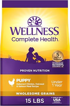 Wellness Complete Health Puppy Dry Dog Food, Wholesome Grain Kibble, Natural, Chicken, Oatmeal, and Salmon Recipe, 15 lb Bag