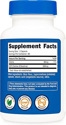 Miniatura 5 de Nutricost CDP Colina (Citicolina) 300 mg, 60 cápsulas vegetarianas - Sin OMG, apto para vegetarianos, sin gluten.