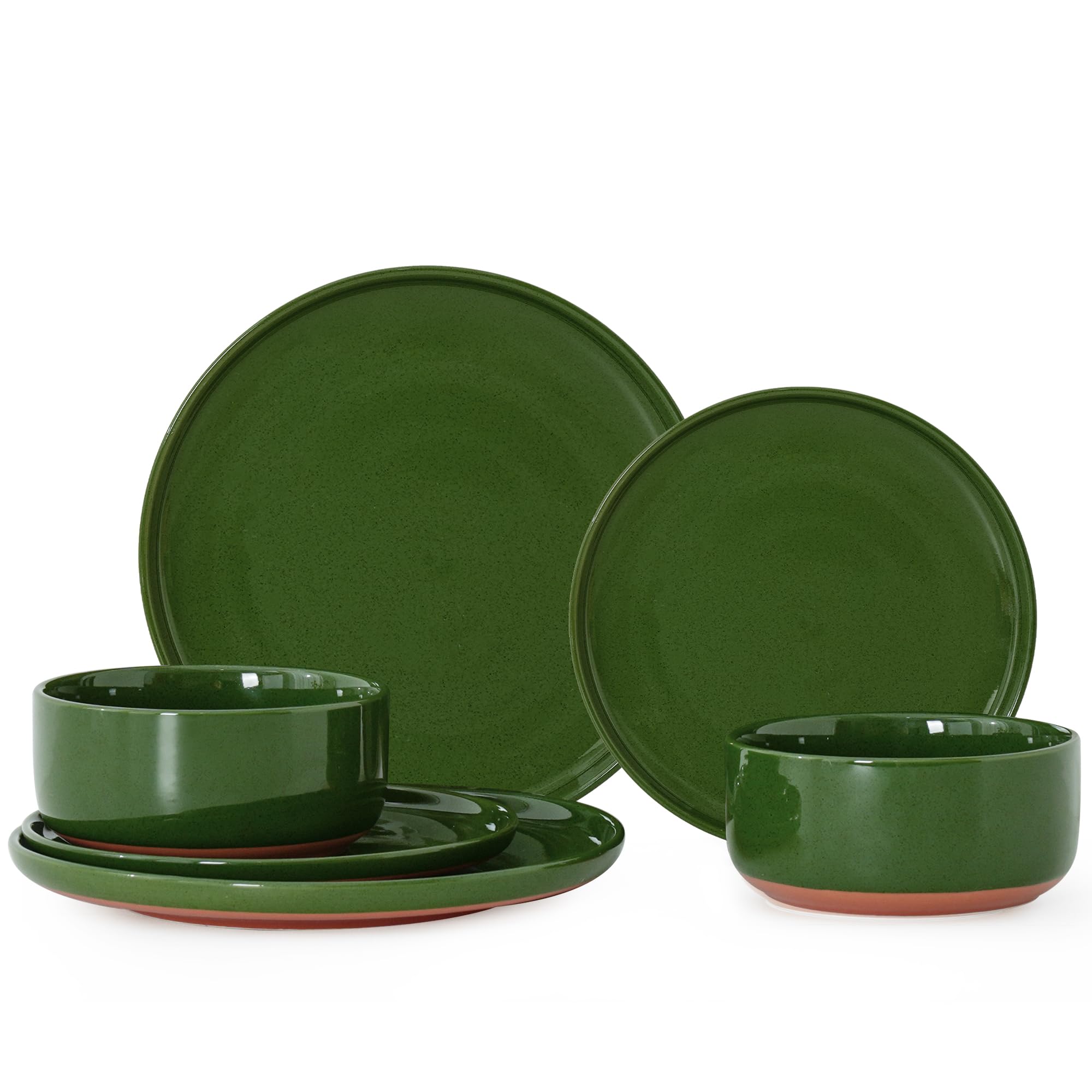 6 Piece Dinnerware Set, Dish Set for 2, Forest Glaze Green