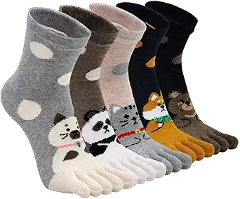 ZAKASA Womens Toe Socks Funny Cat Dog Print Cotton Five Finger Socks Novelty Athletic Running Crew Ankle Socks Size 6-9