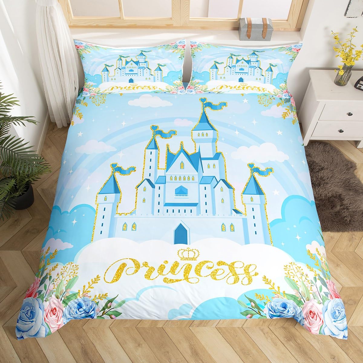 Manfei Princess Twin Bedding Sets for Girls,Blue Castle Dreamy Comforter Cover Kids Bedroom Decor,Flowers Garden Princess Bed Set,Fairy Tale Theme Duvet Cover Cute Blanket,Gifts for 4 Year Old Girl
