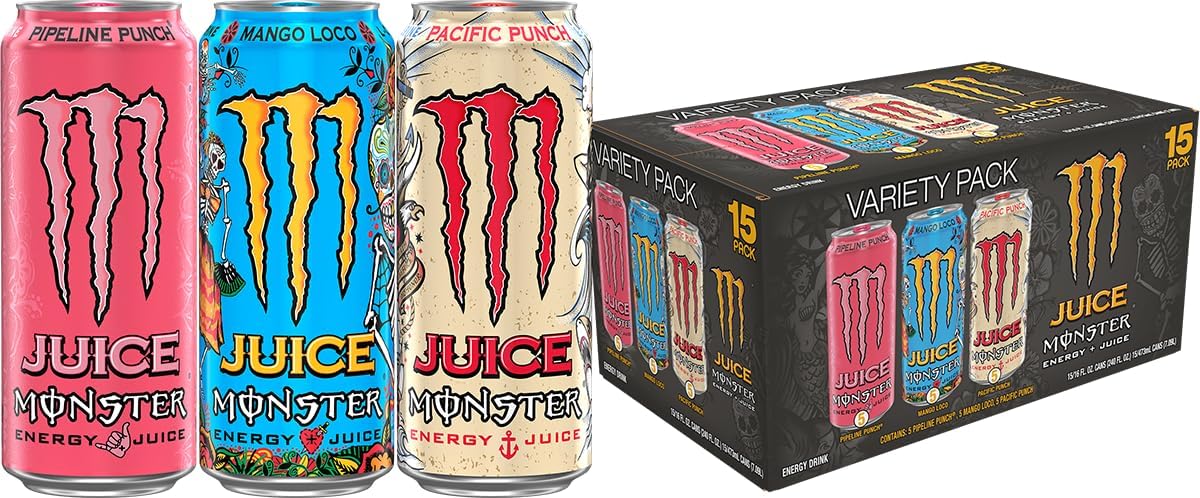 monsterenergy Monsterenergy Juice Monster Variety Pack The perfect blend of the best flavors Hawaii has to offer - passion fruit, orange & guava, then "Monsterized" with a full load of our famous energy blend | Mango Loco is a heavenly blend of exotic juices certain to attract even the most stubborn spirit; Crazy good taste with just enough