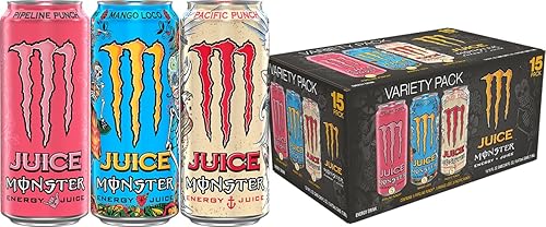 Monster Energy Juice Monster - Paquete variado Pipeline Punch, Mango Loco, Pacific Punch, Energy+Juice, bebida energética, 16 onzas (paquete de 15)