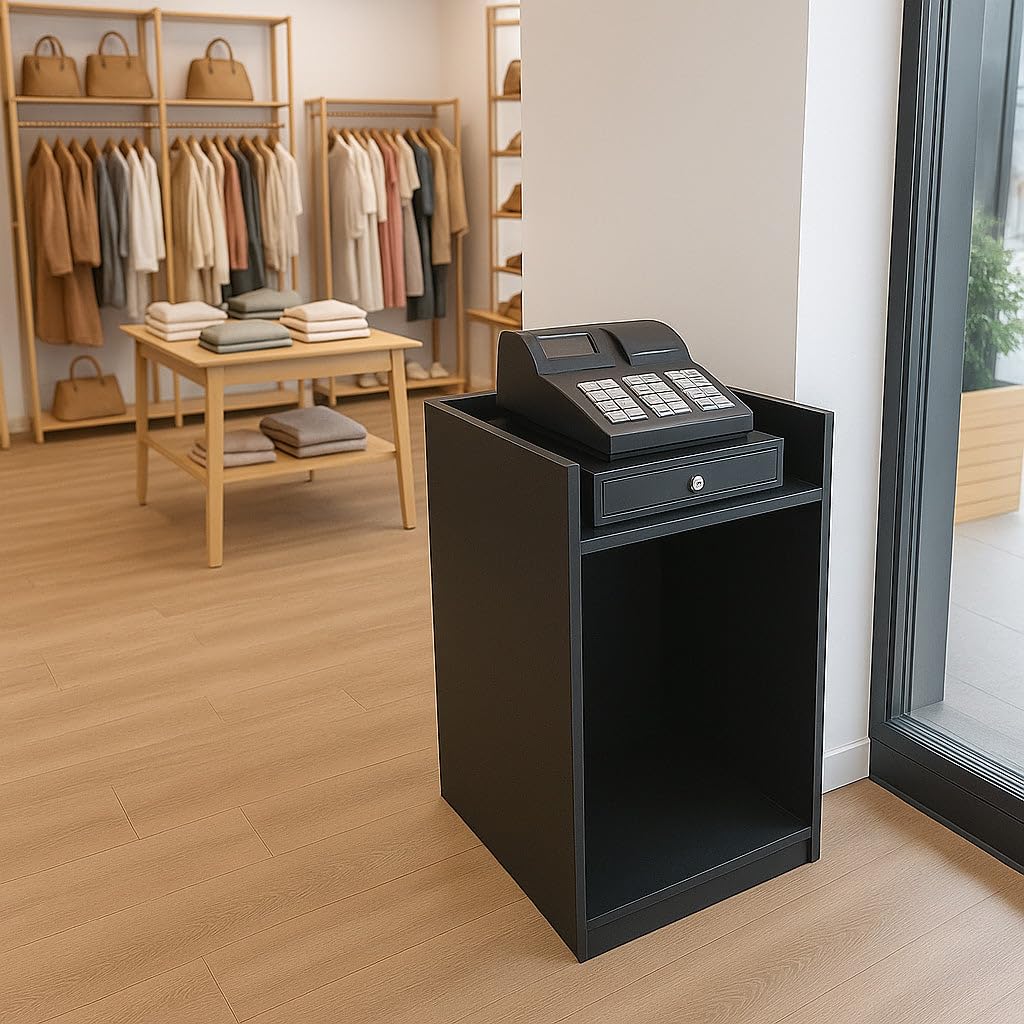 Sklep Blok Till Stojak Czarny TB60 Retail Storage Unit Modułowa Szafka Recepcja Gotówka Biurko Sklep 2 Półki Wewnętrzne Zamknięte Przód 60 cm x 90 cm x 60 cm MDF Melamina