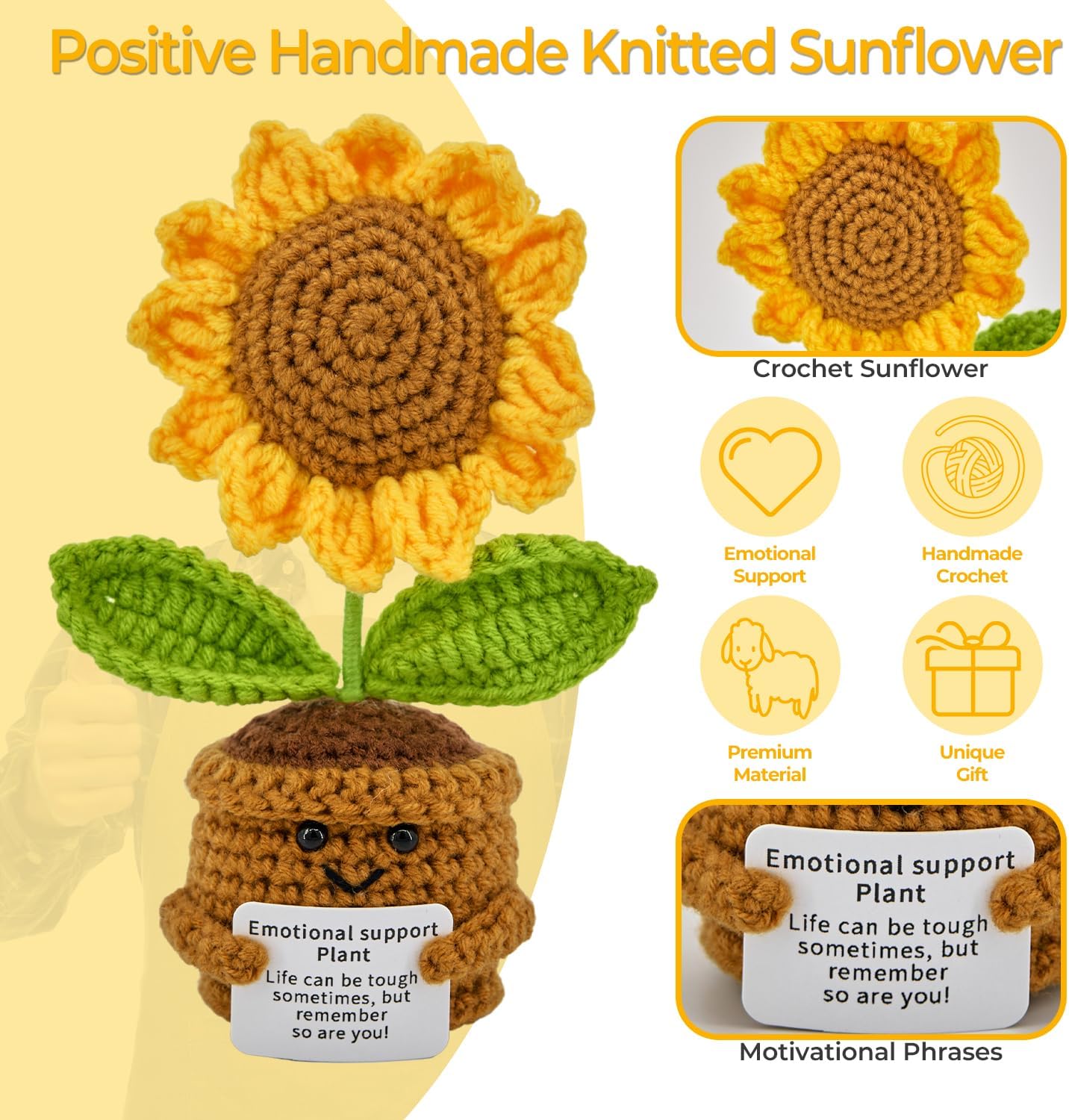Crochet Flowers Blanket Gifts Set for Birthday,Gift Baskets for Thanksgiving,Christmas,Get Well Gifts for Girlfriend, Pink Roses Bouquet Blanket and Positive Sunflower Pot with Card & Gift Box