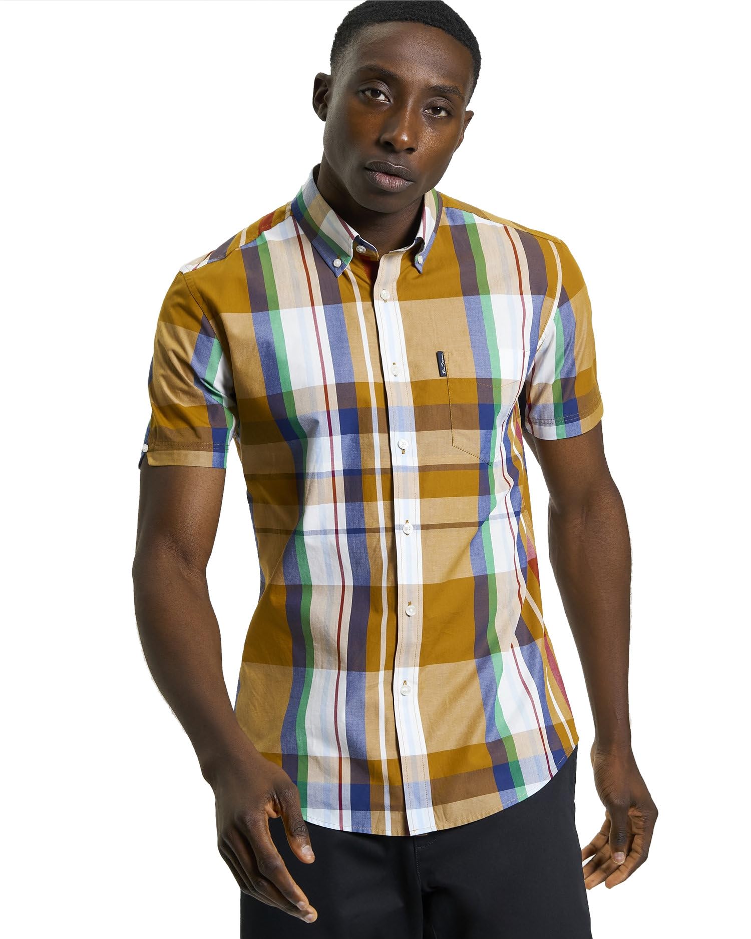 Ben Sherman Mens Large Madras Check Shirt Short Sleeved (Caramel) M