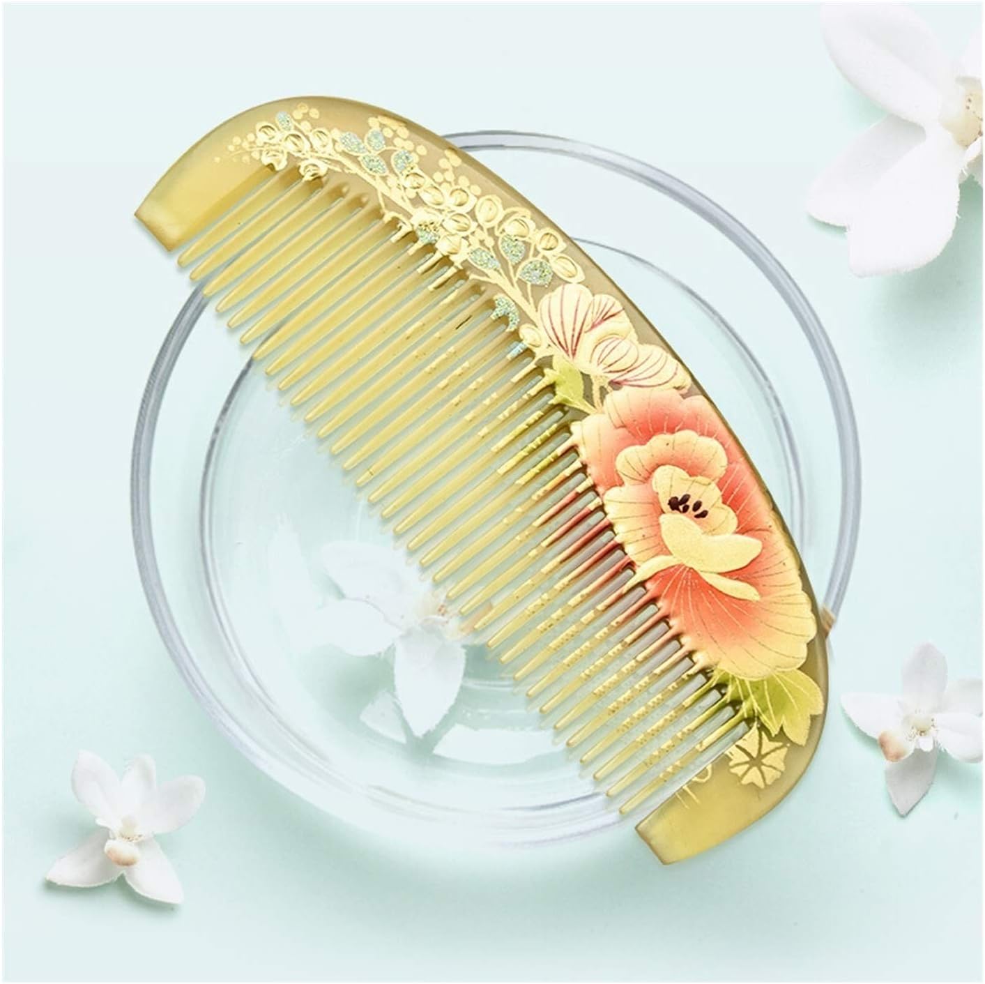 Natural Horn Comb Lacquer Art Horn Comb Fine Tooth Comb Curly Hair Comb Hand Carved, Gift for Girlfriend Birthday Gift Hair Comb