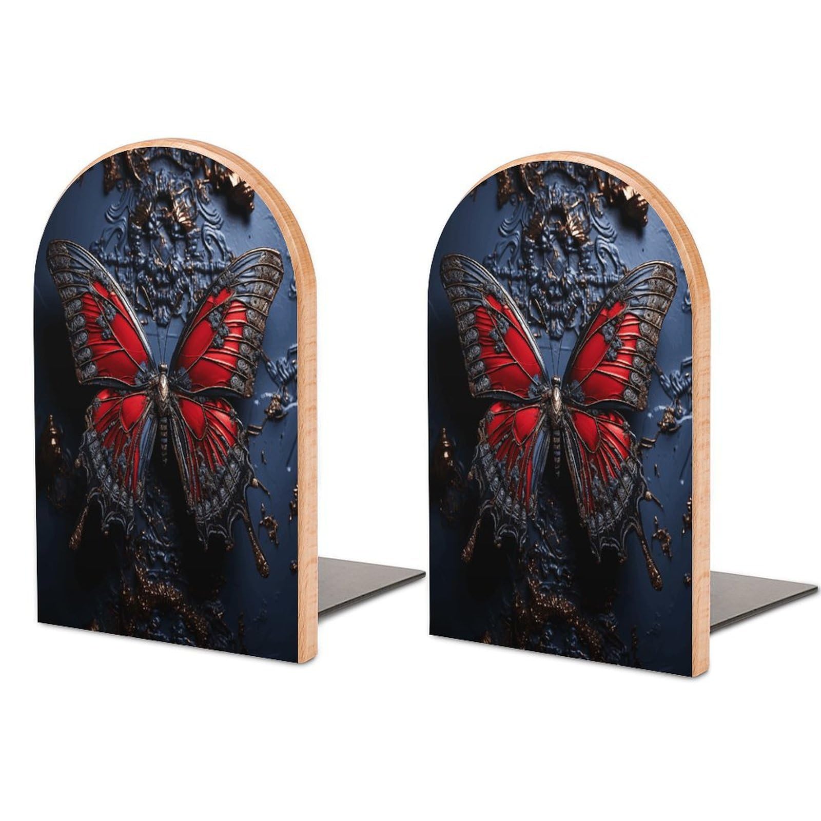 Sujetalibros de madera con mariposa roja, soporte de libros resistente para estanterías de hogar
