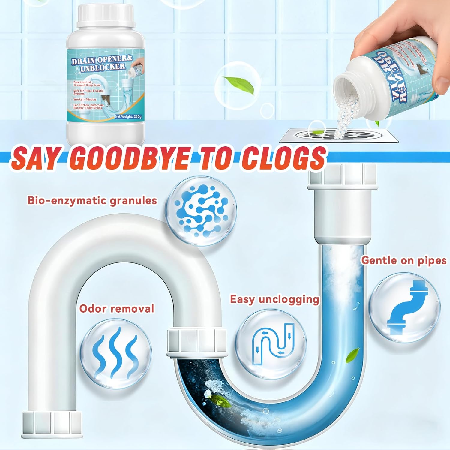 Drain Clog Remover, Hair Drains Clog Remover, Crystal Lye Drain Opener Unclog Bathroom and Kitchen Sinks, Drains, Shower Pipes, Removes Hair, Soap Scum, Blockages, 260g - Image 2