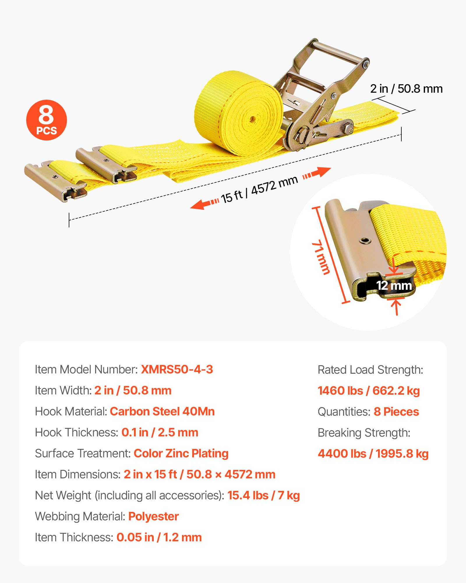 VEVOR Correas de Amarre con Trinquete E-Track 4,57 m x 5 cm Correas de Pista E 8 Piezas Cinturón de Poliéster y Trinquete de Acero Amarre de E-Track para Motocicletas Portaequipajes Camiones Remolques