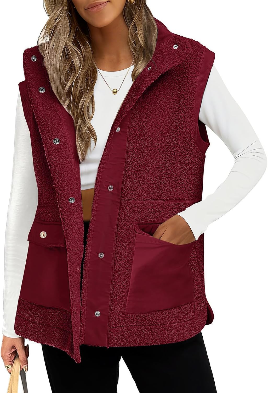 TITOMD Womens Sping 2026 Sherpa Fleece Vest Sleeveless Button Down Oversized Winter Fuzzy Vest Outerwear Jacket with Pocket