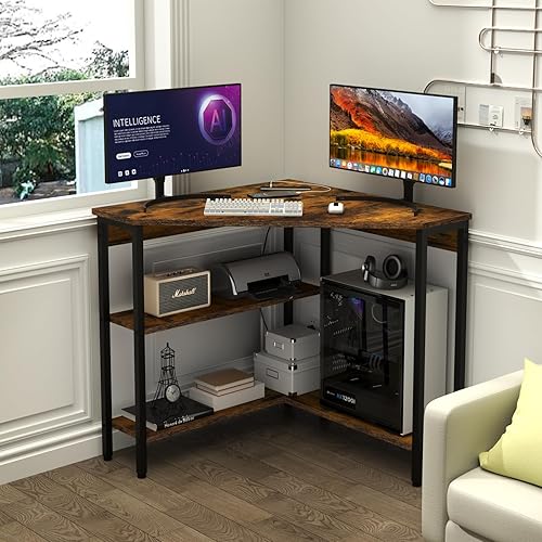 Miniatura 7 de Auromie Corner Desk with Outlets & USB Ports, 90 Degree Triangle Corner Table with CPU Stand & Storage Shelves for Small Space, Computer Table with