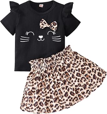 Akyzic Little Girl Skirt Outfit Two Piece Spring Summer Outfit Butterfly Dress Cat Print Skirt Toddler Girl Outfit Set