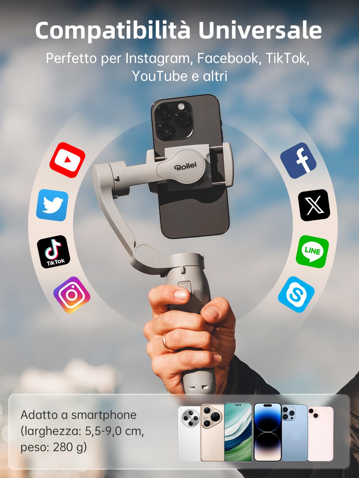 Rollei Steady Butler Mobile 3 SE Stabilizzatore Smartphones, Gimbal 3 Assi Smartphone Leggero e Pieghevole Compatibile con iPhone 16/15/14/13/12 Pro Max e Android per Video di TikTok YouTube Instagram
