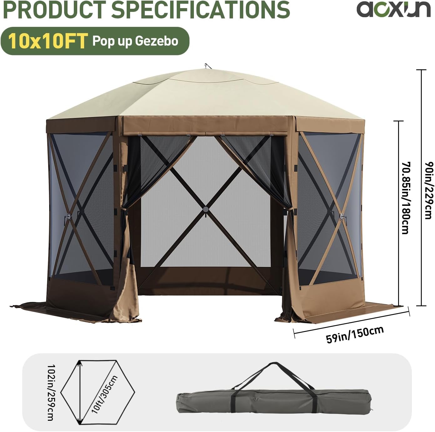 Aoxun 10x10FT Pop-up Canopy Shelter Tent with LED Light, 6-Sided Canopy Tent with Carry Bag and Stakes, Screen House Sun Shelter Tents for Camping, Backyard, Patio, Lawn, Brown