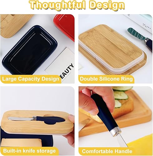 Miniatura 4 de Kitchenexus - Mantequillera de cerámica con tapa, con tapa de bambú y cuchillo de acero, recipiente de porcelana para mantequilla perfecto para