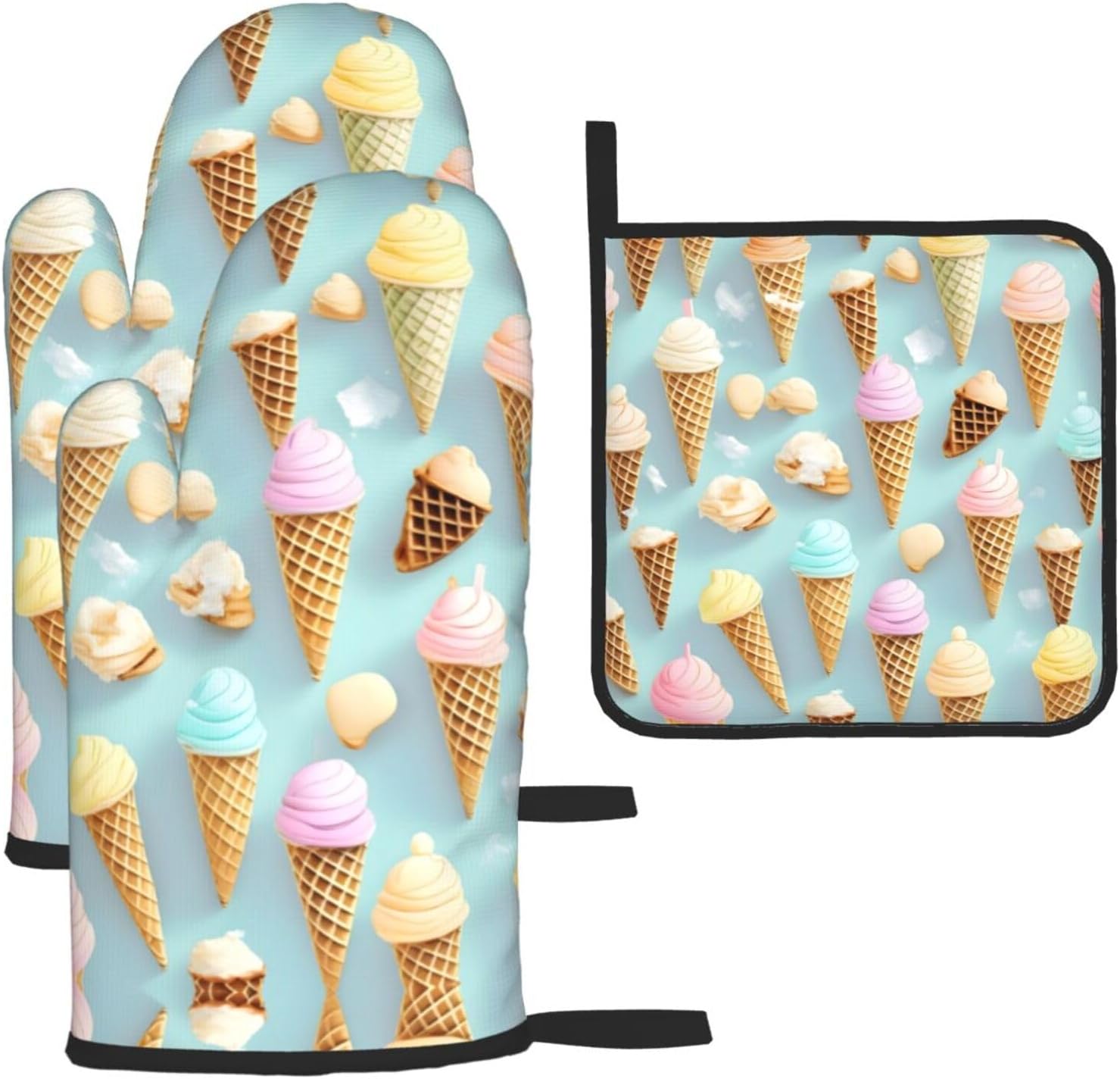 ice Cream and Waffle Pattern Print Heat Resistant Microwave Gloves, Used for Baking, Cooking, and Fashion Kitchen Essentials