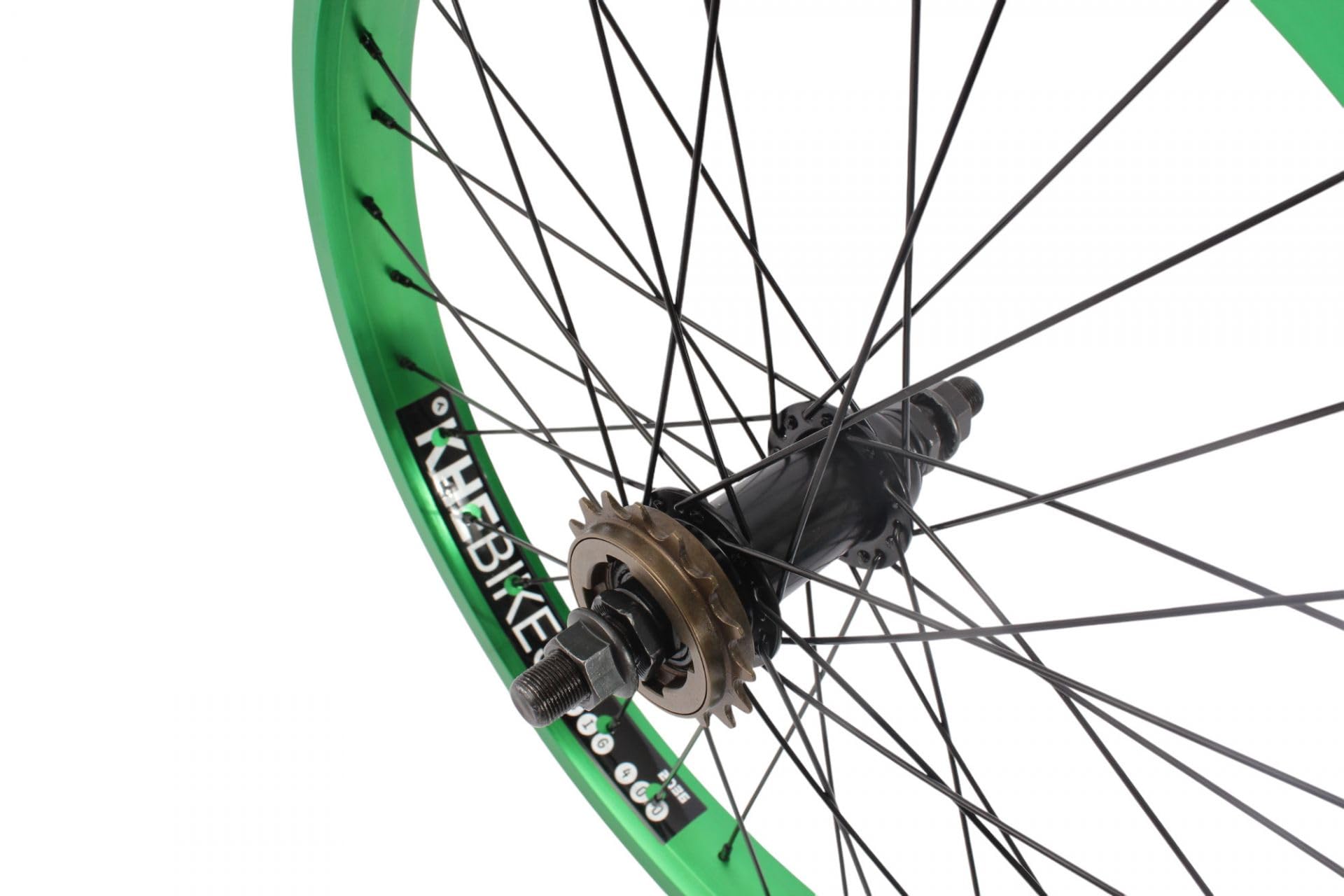 KHE Prism BMX Hinterrad, 20 Zoll, Grün Eloxiert, 14mm Achse, 16T Freilaufritzel, 38mm Felgenbreite