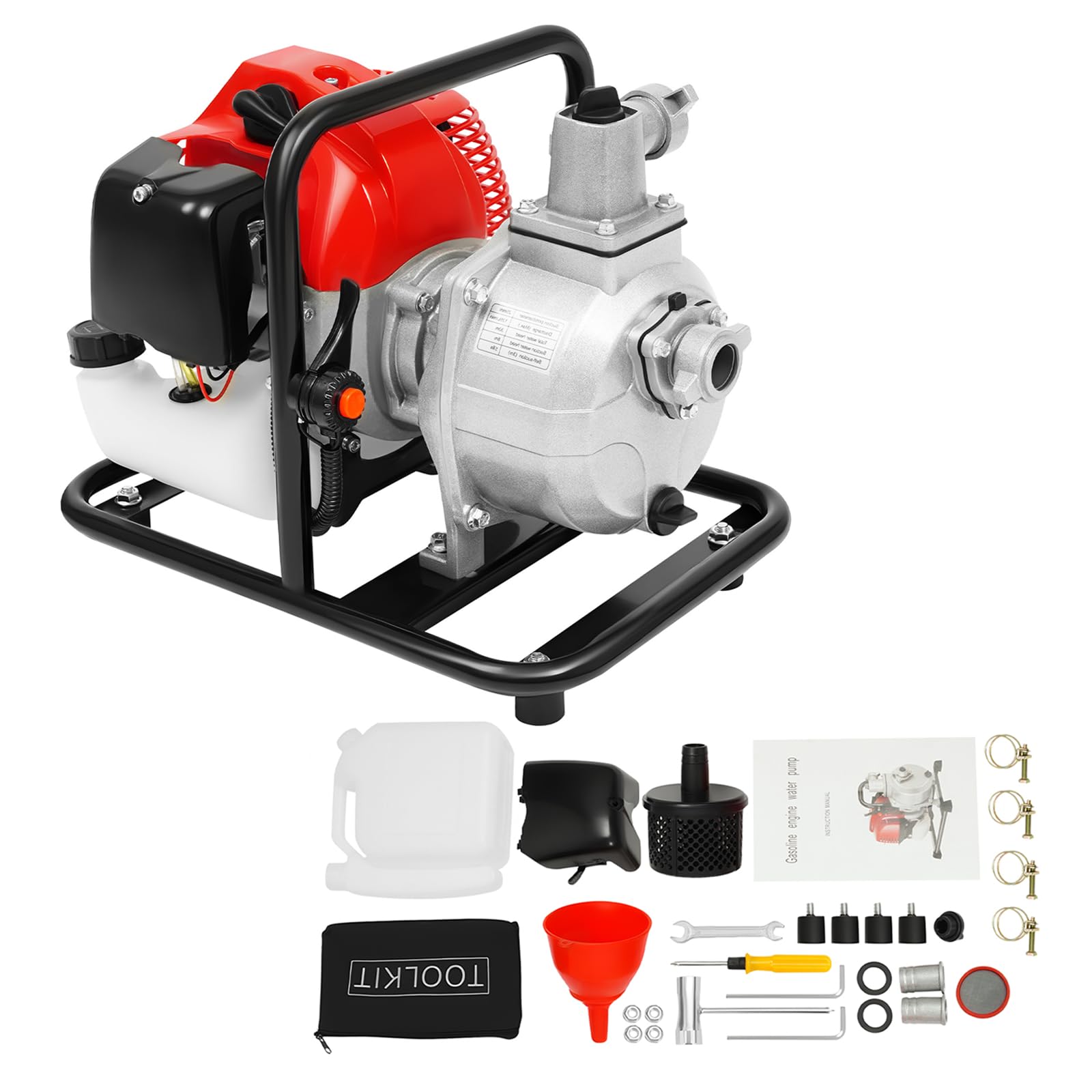 Bomba de agua de gasolina, 1,7 CV, autocebante, bomba de jardín, 43 ccm, bomba de agua sucia, 2 tiempos, cilindro único, bomba para estanque, bomba de piscina, bomba de succión, 30 m de altura