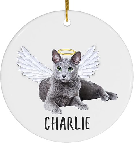 Miniatura 1 de Alas de ángel de gato azul ruso azulado, adornos de Navidad personalizados conmemorativos 2023 círculo blanco cerámica gatito propietario regalo