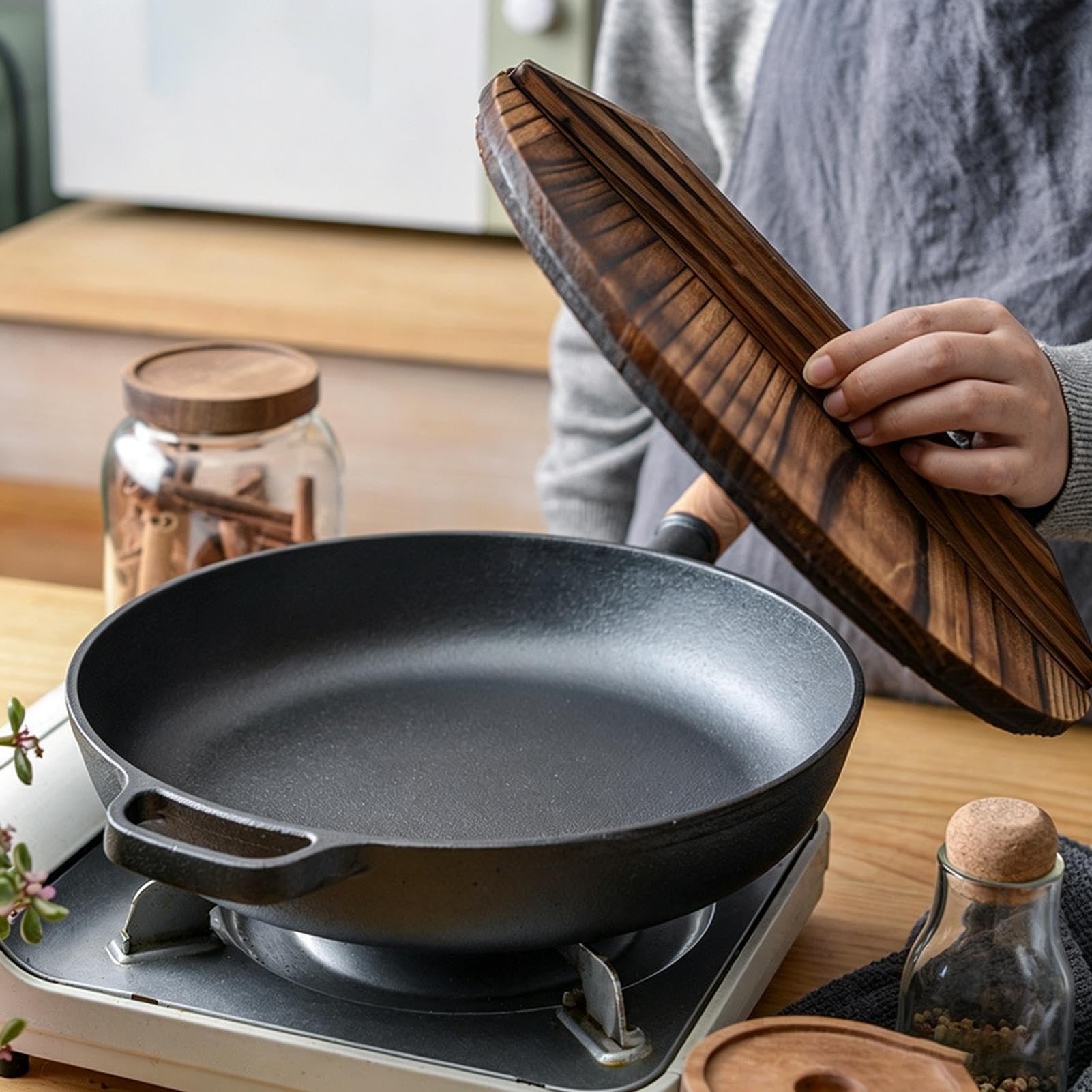 Genérico Sartén Hierro Fundido Con Tapa Olla Portátil Con Mango De Madera | Plancha Grill Cocina Para Cocinar, Hogar, Camping, Dorar, Hornear, Saltear, Tortilla, Pescado, Huevos