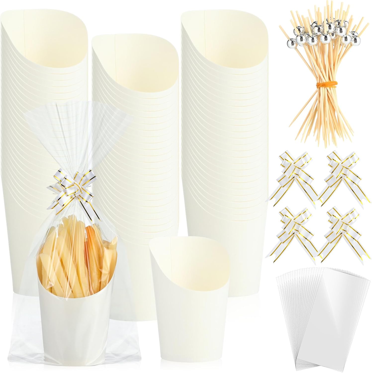 Bokon 100 Set 14 oz Charcuterie Cup with Stick and Bag, Disposable French Fries Snack Popcorn Dessert Fruit Holder for Birthday Wedding Graduation Party Supplies (White)