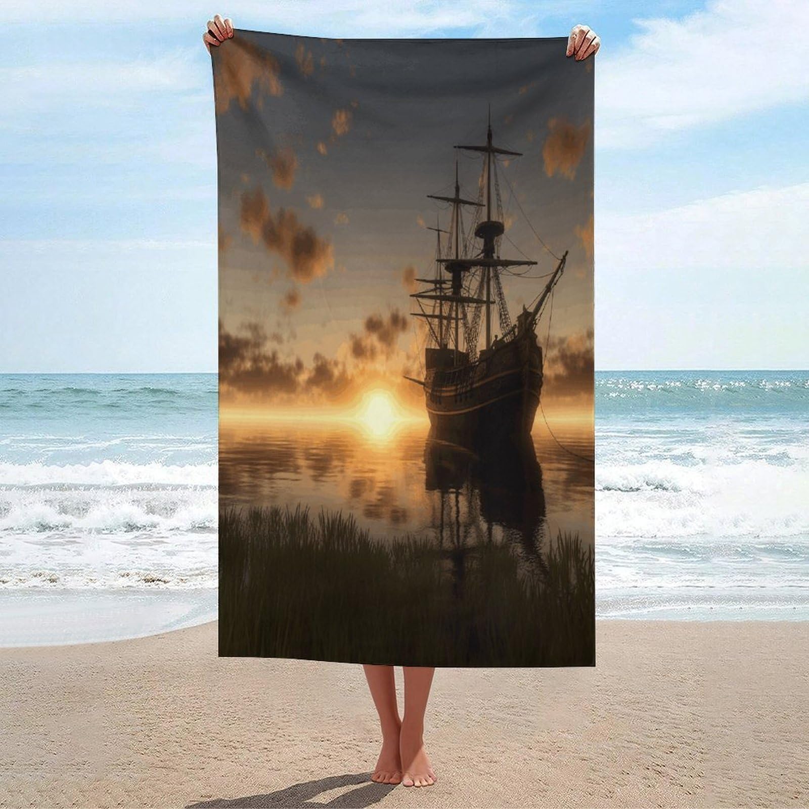 Adfgyerh Unisex Style Ship In The Lake Sunset Bath Towels Beach Towel Lightweight Quick Dry, Bath Towel For Travel Sports Pool Swimming Bath Camping Yoga Adults130x80cm