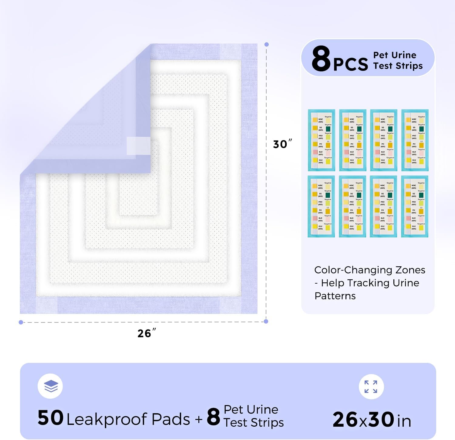 ZOMISIA 3D-Barrier Puppy Pee Pads for Dogs, 12 Cups Absorb & Rise Puffy Gel-Wall Leak-Proof, 26"x30" 50 Counts + 8 Pet Urine Test Strips, Super Absorbent Disposable Potty Training Pads