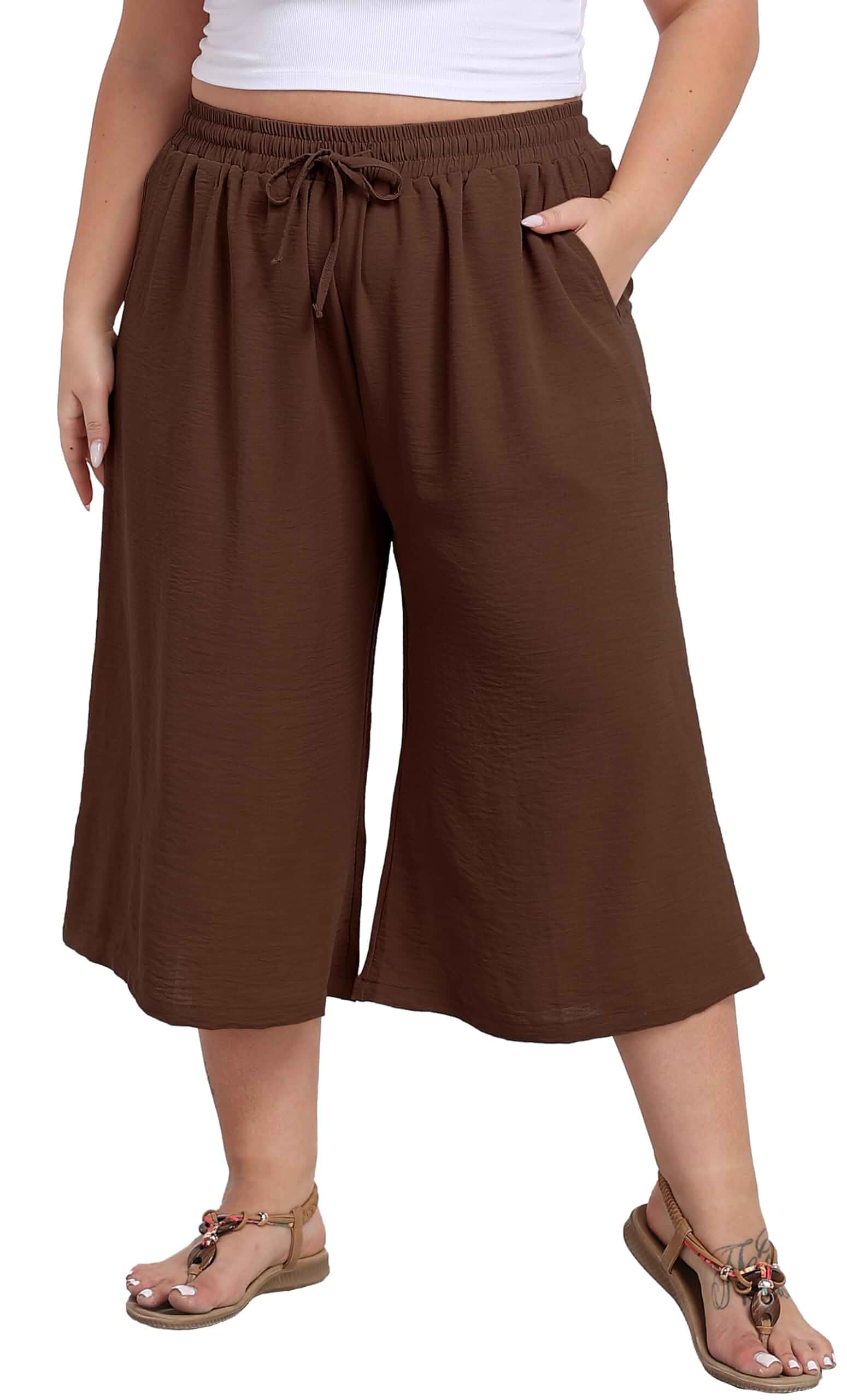 goodmansam Women's Plus Size Capri Culottes Pants High Waisted Wide Leg Palazzo Trousers with Pockets for Summer Casual Wear Plus-Size