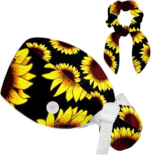 FVQL 2 Pieces Surgical Cap for Long Hair Scrub Cap with Hairband Nurse Cap, Sunflower Vintage Pattern Art