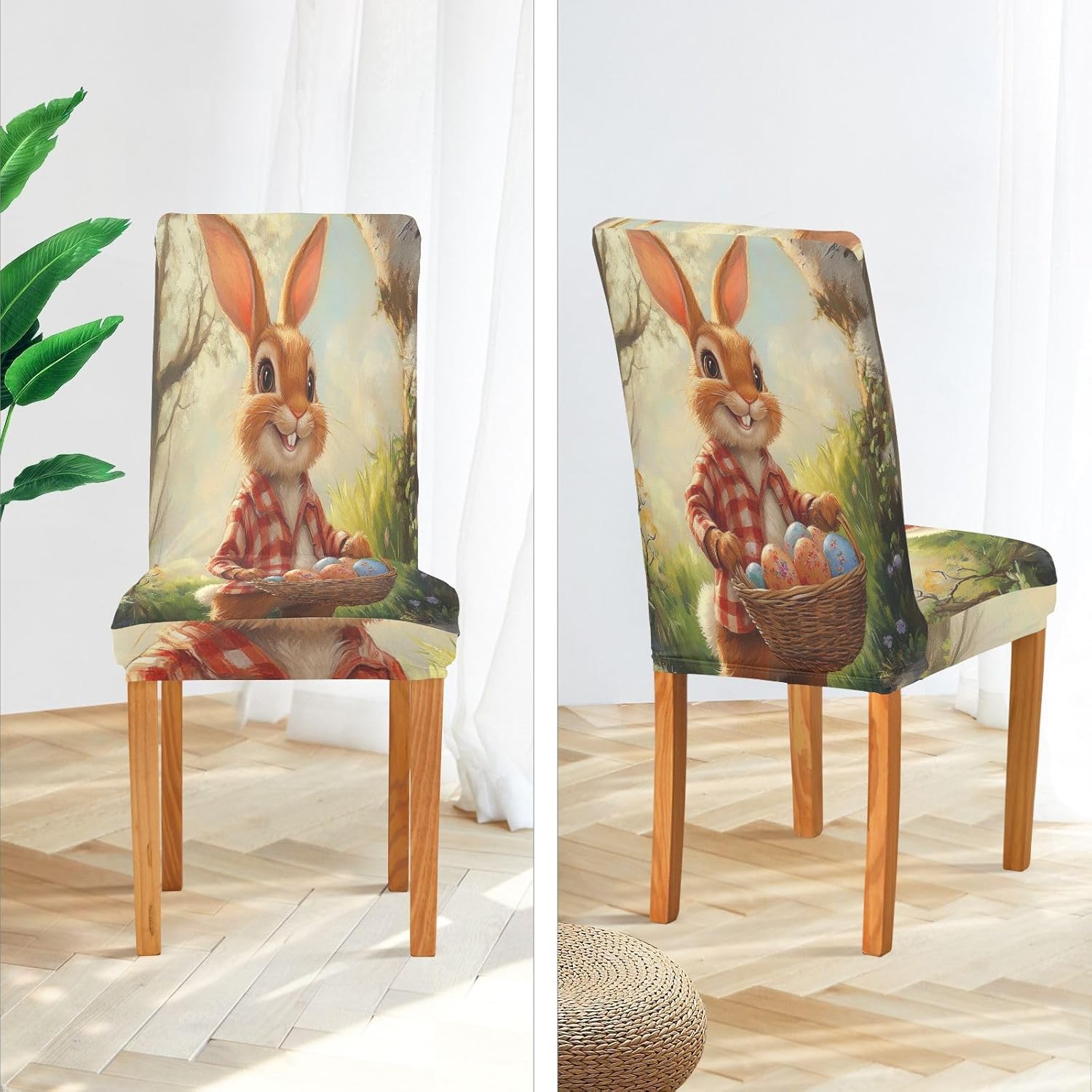 ALAZA Chair Covers for Dining Room, Easter Bunny Happy Easter Forest Stretch Chair Cover Sets Chair Protector Removable Washable for Ktichen Restaurant Hotel