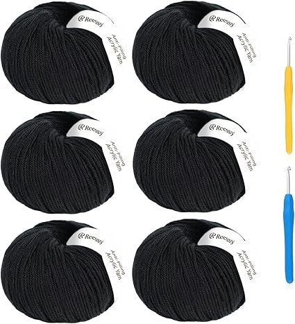 Acrylic Yarn for Crocheting Size 3, Reessy 786 Yards Soft DK Weight Yarn (CYC #3), No-Splitting and 2pcs Crochet Hooks for Beginners, Solid 6 Skeins for Small Crochet or Knitting Projects(Black)