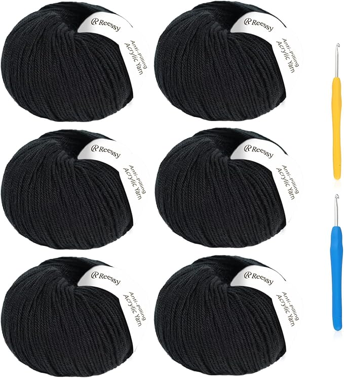 Acrylic Yarn for Crocheting Size 3, Reessy 786 Yards Soft DK Weight Yarn (CYC #3), No-Splitting and 2pcs Crochet Hooks for Beginners, Solid 6 Skeins for Small Crochet or Knitting Projects(Black)