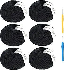 Acrylic Yarn for Crocheting Size 3, Reessy 786 Yards Soft DK Weight Yarn (CYC #3), No-Splitting and 2pcs Crochet Hooks for Beginners, Solid 6 Skeins for Small Crochet or Knitting Projects(Black)