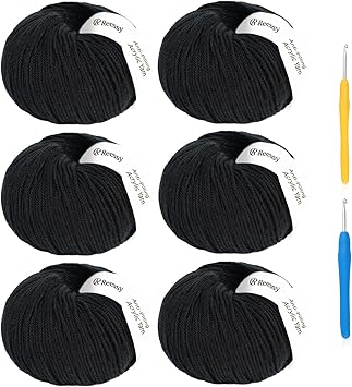 Acrylic Yarn for Crocheting Size 3, Reessy 786 Yards Soft DK Weight Yarn (CYC #3), No-Splitting and 2pcs Crochet Hooks for Beginners, Solid 6 Skeins for Small Crochet or Knitting Projects(Black)