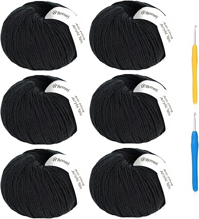 Acrylic Yarn for Crocheting Size 3, Reessy 786 Yards Soft DK Weight Yarn (CYC #3), No-Splitting and 2pcs Crochet Hooks for Beginners, Solid 6 Skeins for Small Crochet or Knitting Projects(Black)