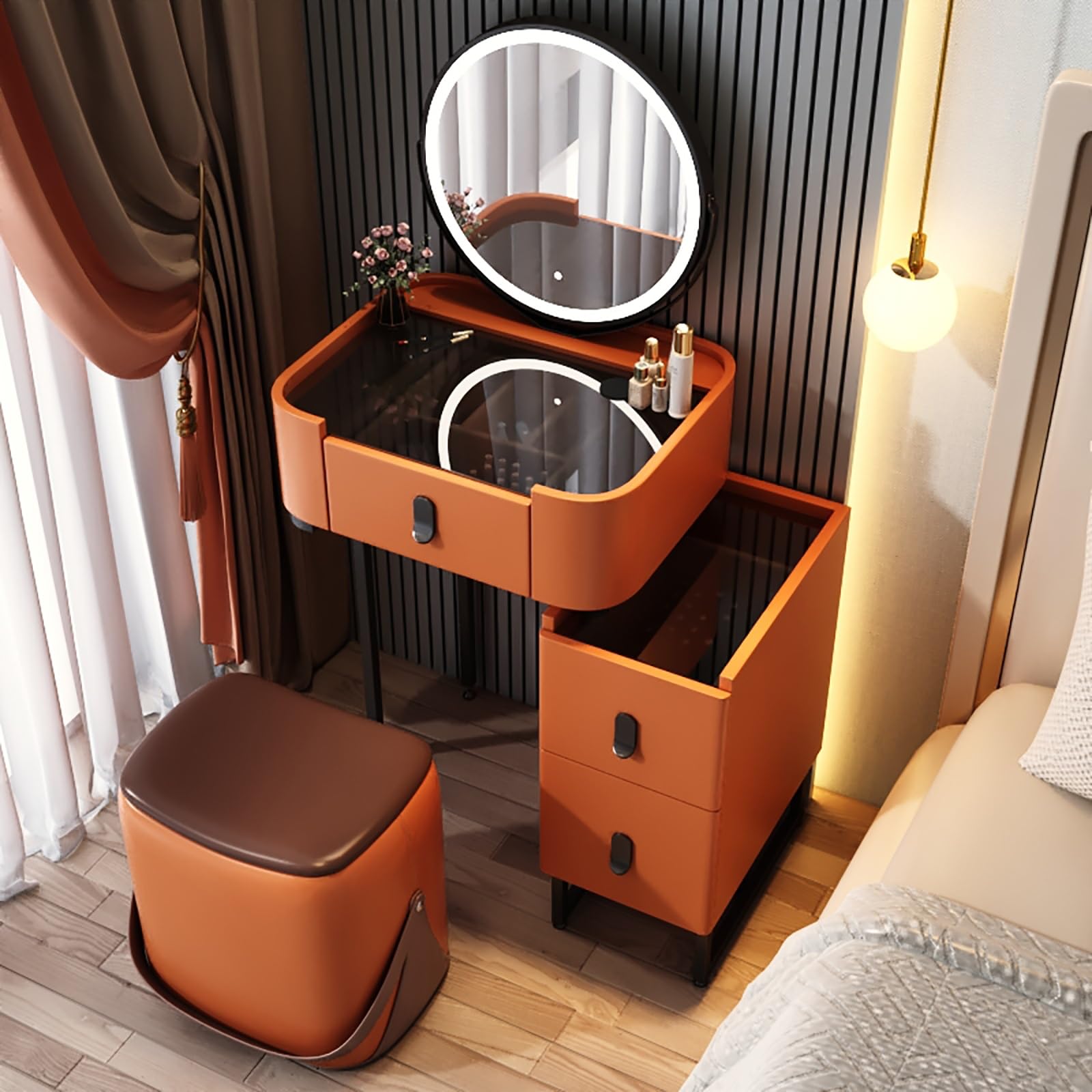 CGCSYZ White Vanity Desk with Mirror and Drawers Wooden Makeup Desk for Bedroom with Adjustable Brightness Mirror Vanity Table for Girls and Women Dressing Room Furniture(Orange B-50cm/19.7in)