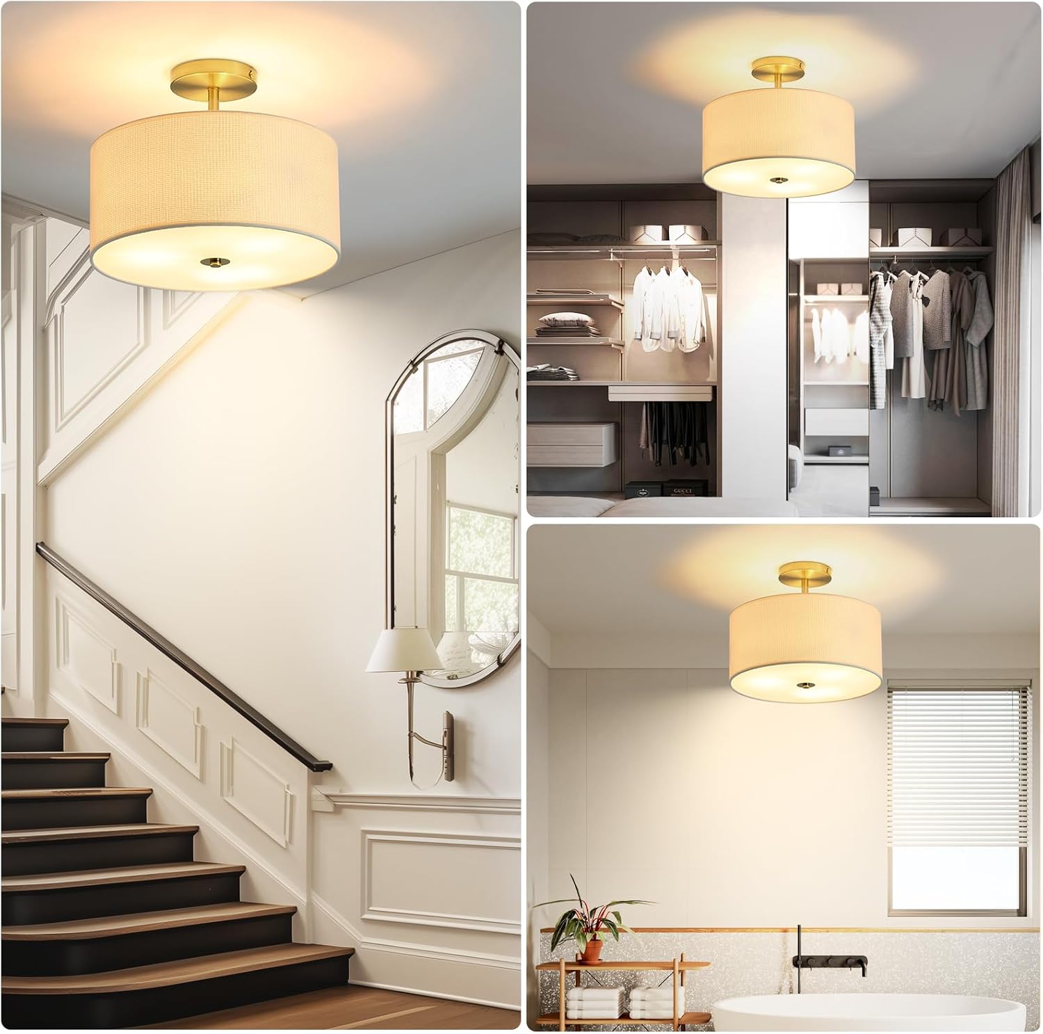 Fabric Semi Flush Mount Lighting Fixture, Modern Semi Chandeliers, Drum Farmhouse Ceiling Light, White Fabric Shade 3-Light for Kitchen Island Bedroom Hallway Foyer, E26, W12xH14