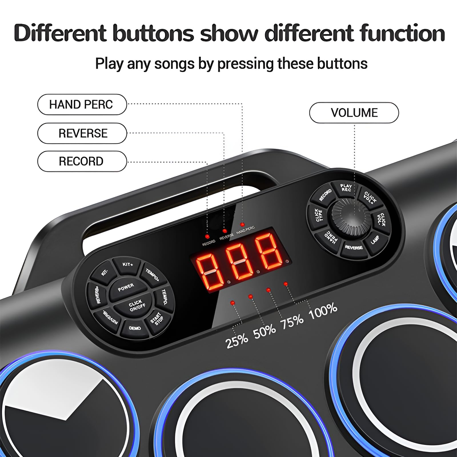 Kit di batteria elettronica portatile, set di batteria digitale avvolgibile con 7 pad con pedali, altoparlanti integrati, display a LED, supporto BT/PC/MIDI per principianti e pratica