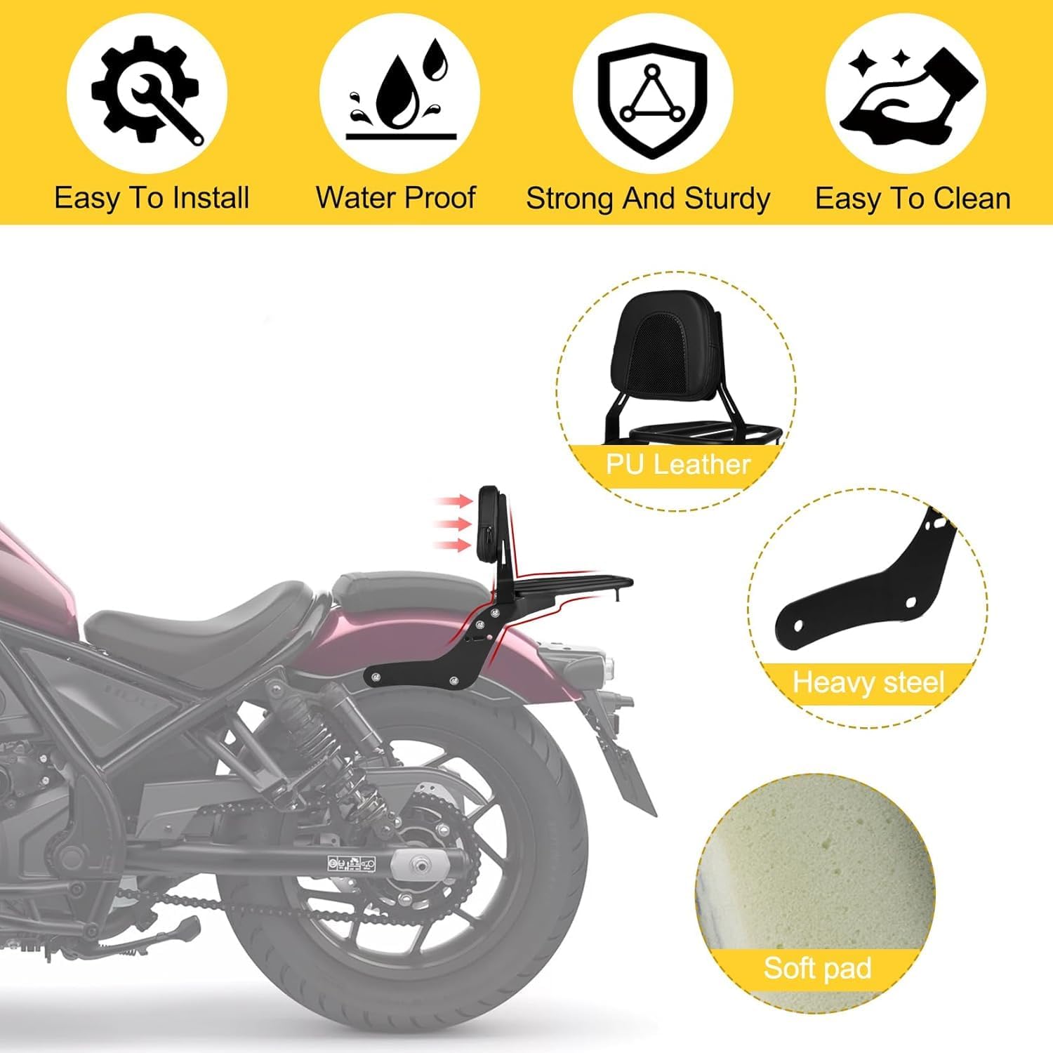 PSLER Sissy Bar Backrest for Rebel 1100 - Motorcycle Detachable Passenger Rear Sissy Bar Backrest with Luggage Rack for Rebel CMX1100 Rebel 1100 DCT ABS 2021 2022 2023 2024