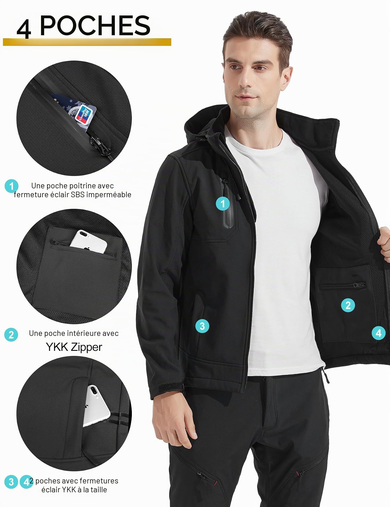 KUTOOK Veste Softshell Homme Hiver Blouson pour Randonnée Chauffante à Capuche Coupe-Vent Imperméable Blouson Chaud Thermique Velo VTT Jogging Sport de Plein Air HC001