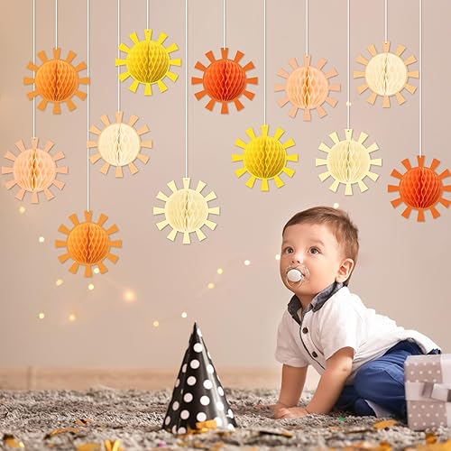 Miniatura 6 de 12 bolas bohemias para decoración de fiesta de sol, decoración de cumpleaños, pompones colgantes de panal de abejas para primer viaje alrededor del