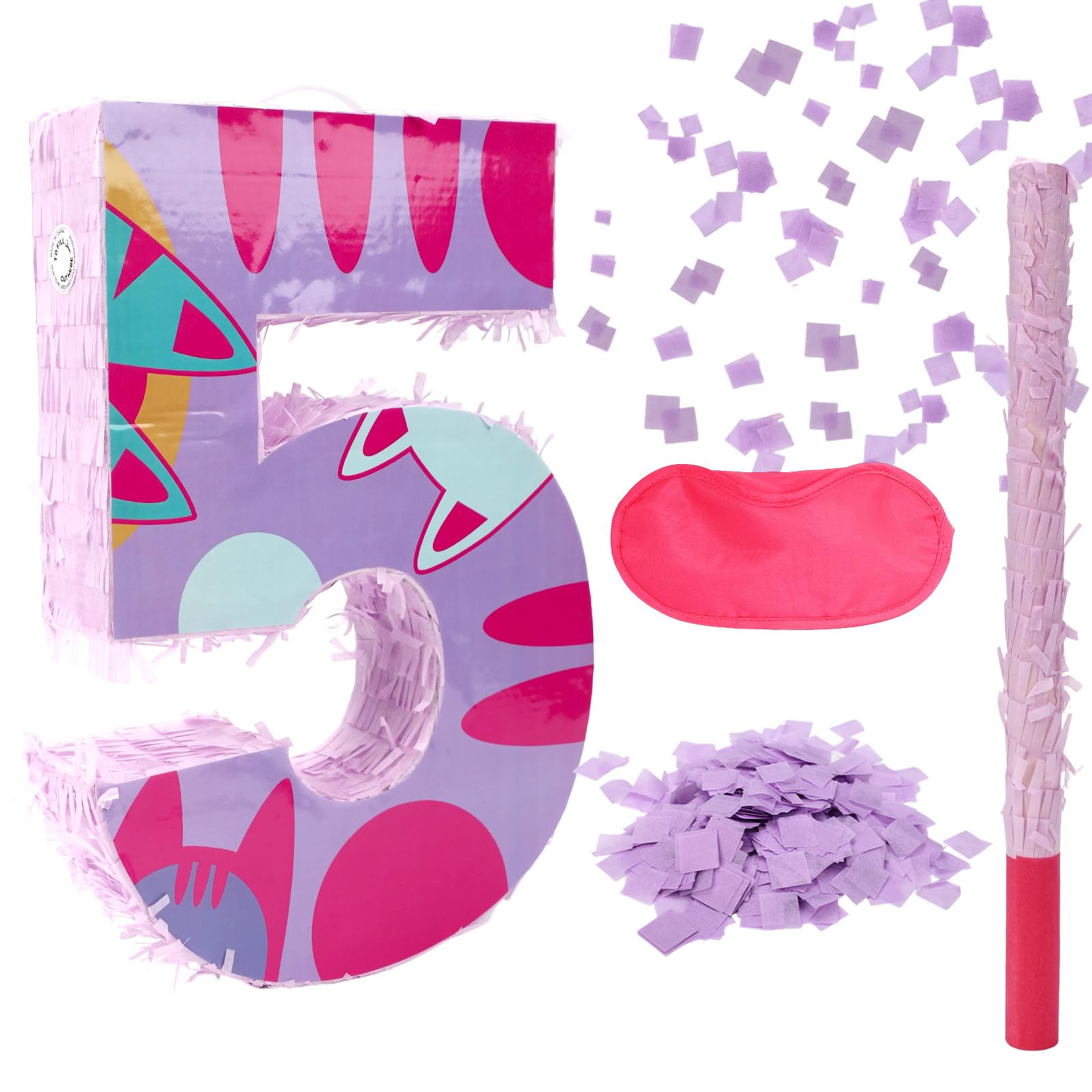 Photo 1 of Cat Number Piñata Set, Cat Theme Birthday Piñata with Beating Stick Blindfold Paper Shreds Easy to Hang Birthday Party Decorations for Boys and Girls (Number 5)