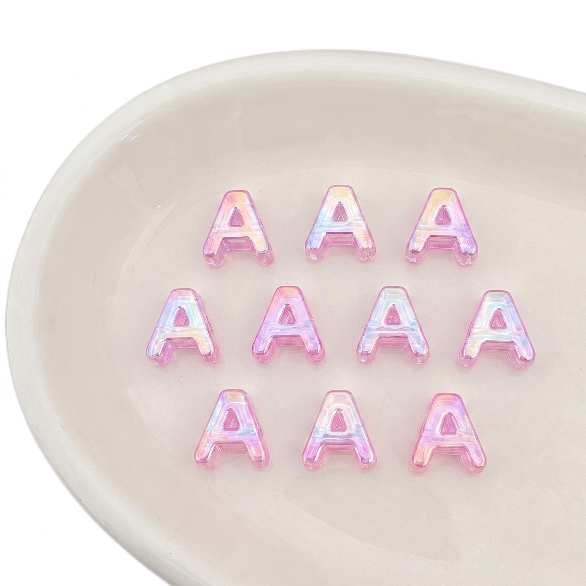 Letter Beads 10pcs, Large Acrylic Alphabet Beads with 6mm Hole, Iridescent Holographic UV Plated for Bracelet Making, Jewellery, Keyrings & Craft (Iridescent Light Pink, Letter A)