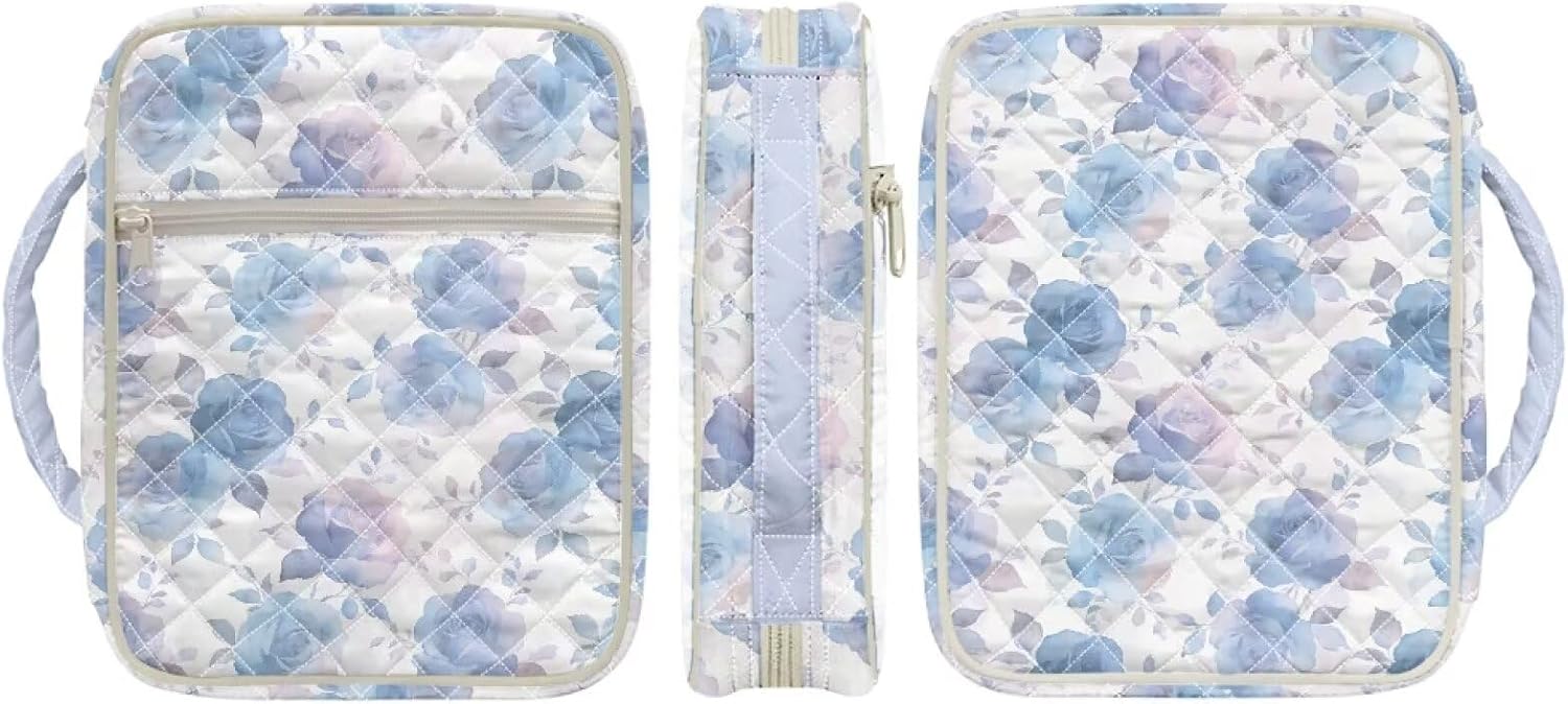 Rnyleeg Blue Rose Bible Tote Bags for Women Organizer Quilted Girls Bible Cover Washable Bibles Accessories Kit for Bibles Highlighters, Pens, Notebooks, Journal Cover De Biblia para Mujer