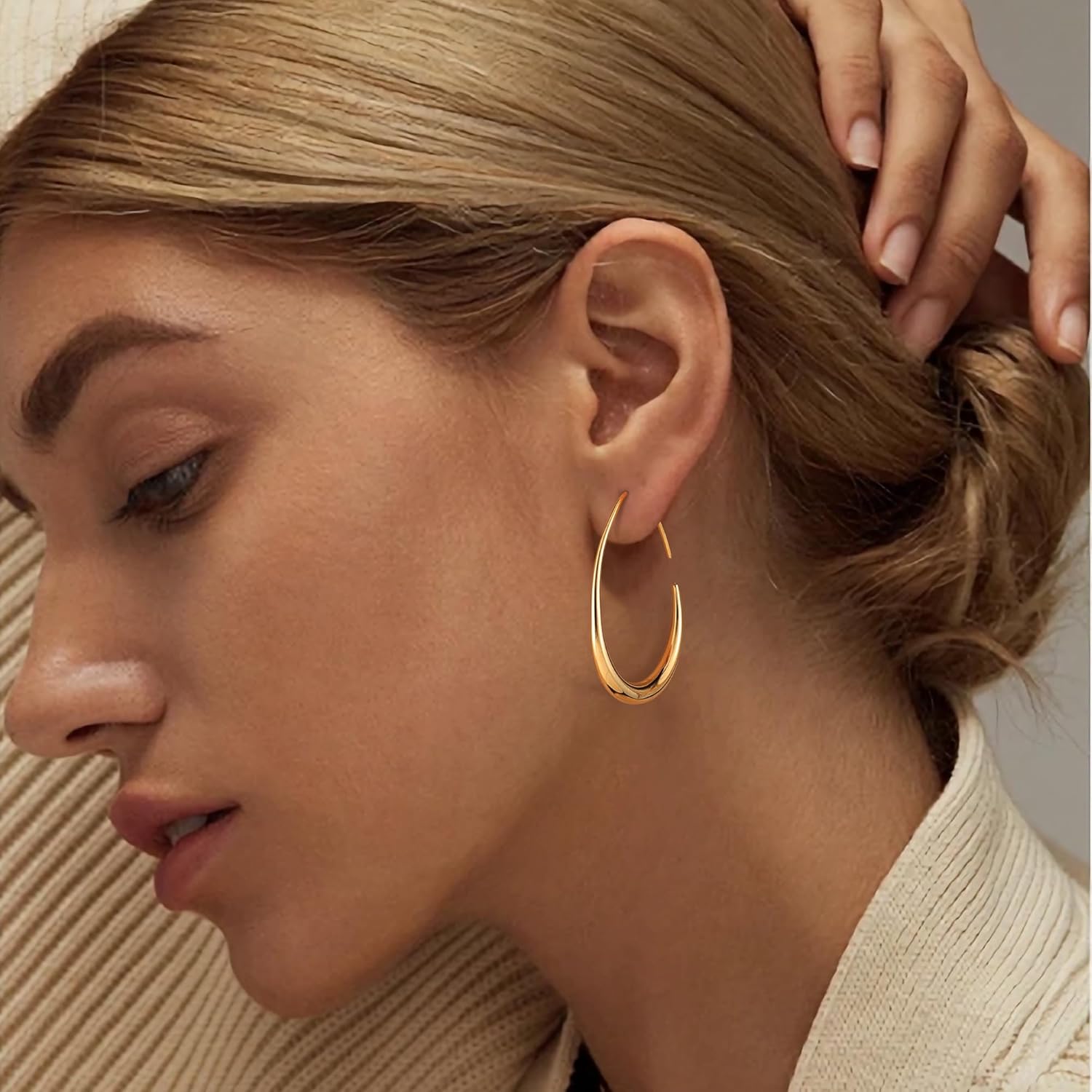 Gacimy Teardrop Hoop Earrings for Women, 14K Gold Plated Oval Pull Through Hoop Earrings for Women - Image 2